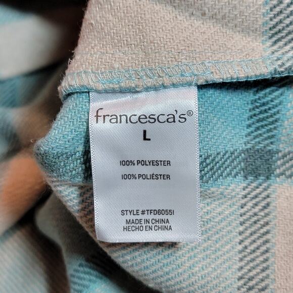 Mi ami Francesca Cropped Plaid Shacket Blue Cream Fall Winter Layering Jacket L - Picture 13 of 15